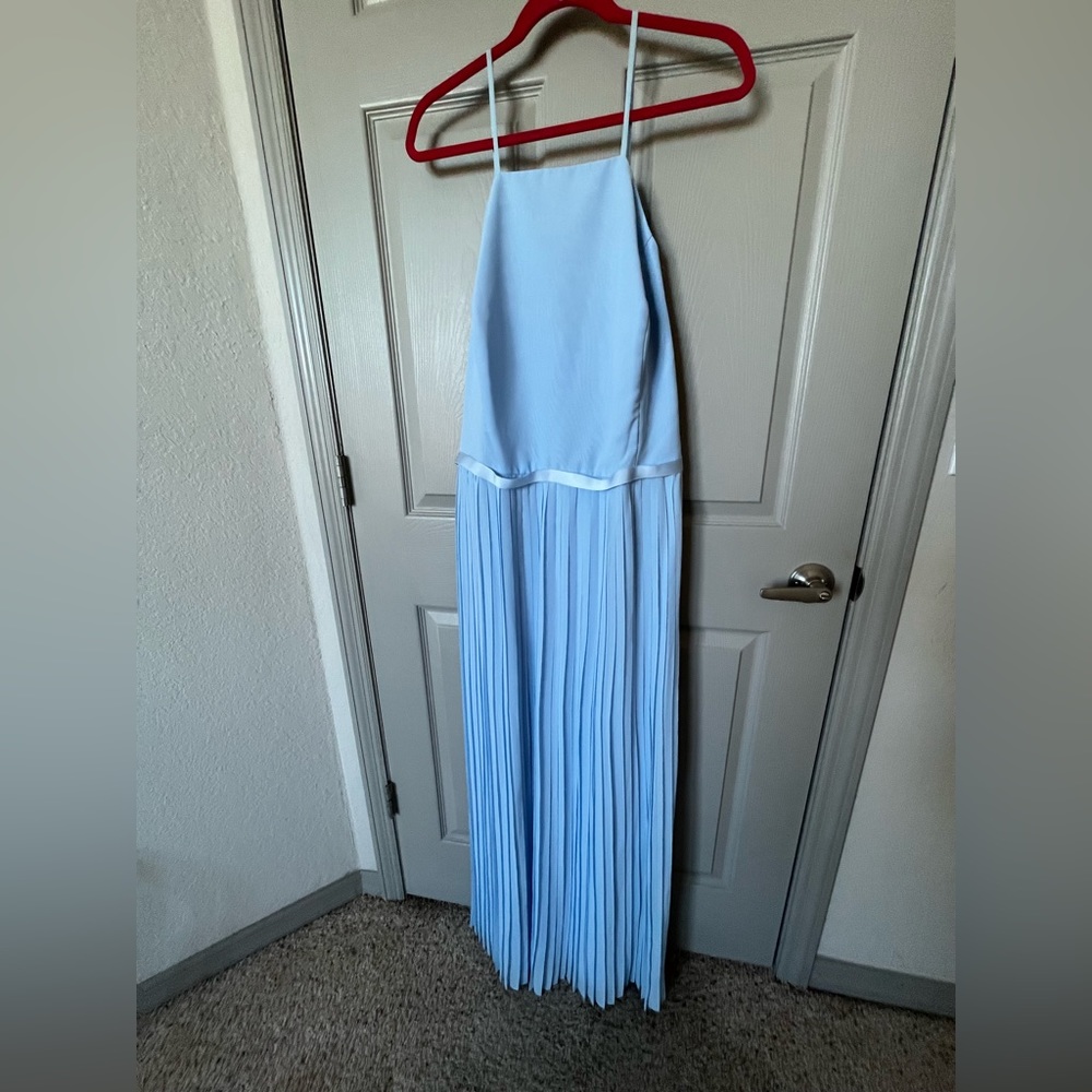 High neck A line floor length dress with pleated bottom, light blue, Lined